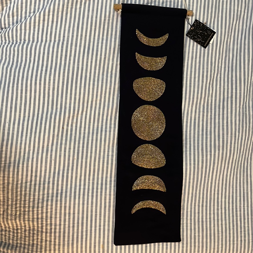 Moon tapestry, black fabric, gold beads